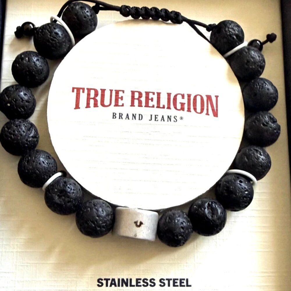 True Religion Black Genuine Stone Beaded Stainless Steel Bracelet New In Box - Picture 3 of 5